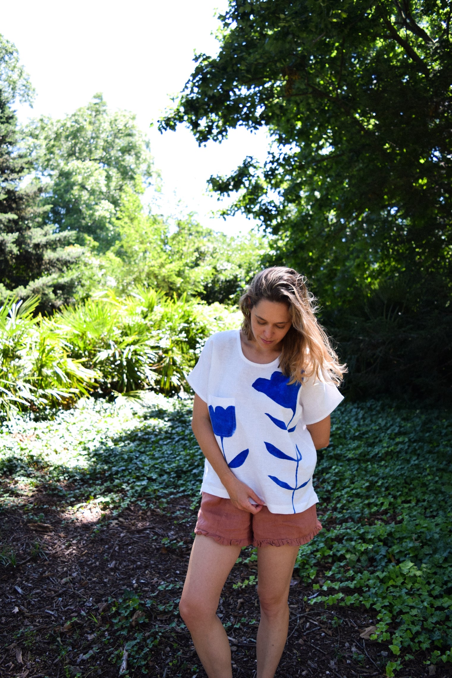Pocket Tee - Limited Edition "Cobalt Flowers" on Linen