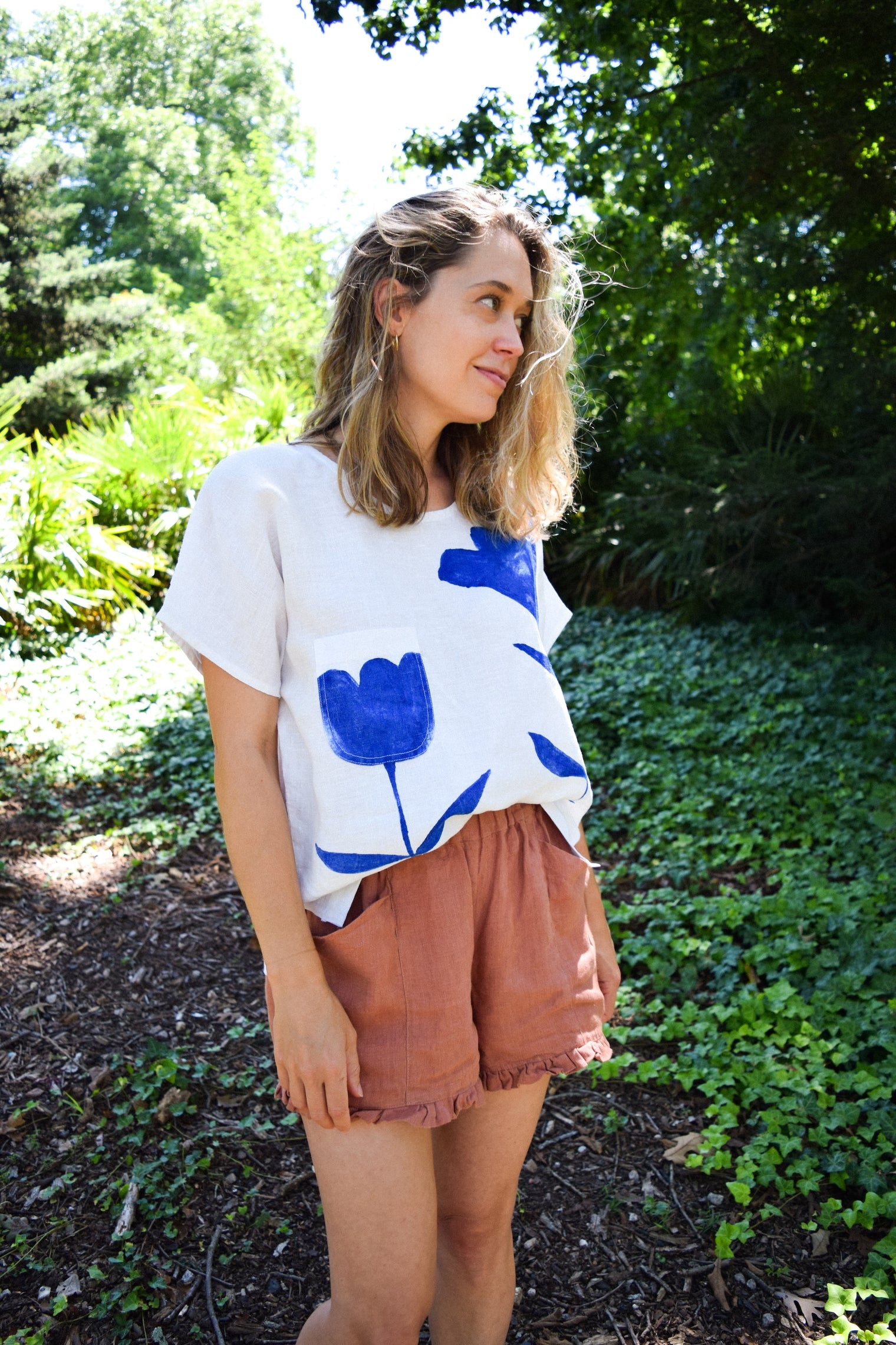 Pocket Tee - Limited Edition "Cobalt Flowers" on Linen