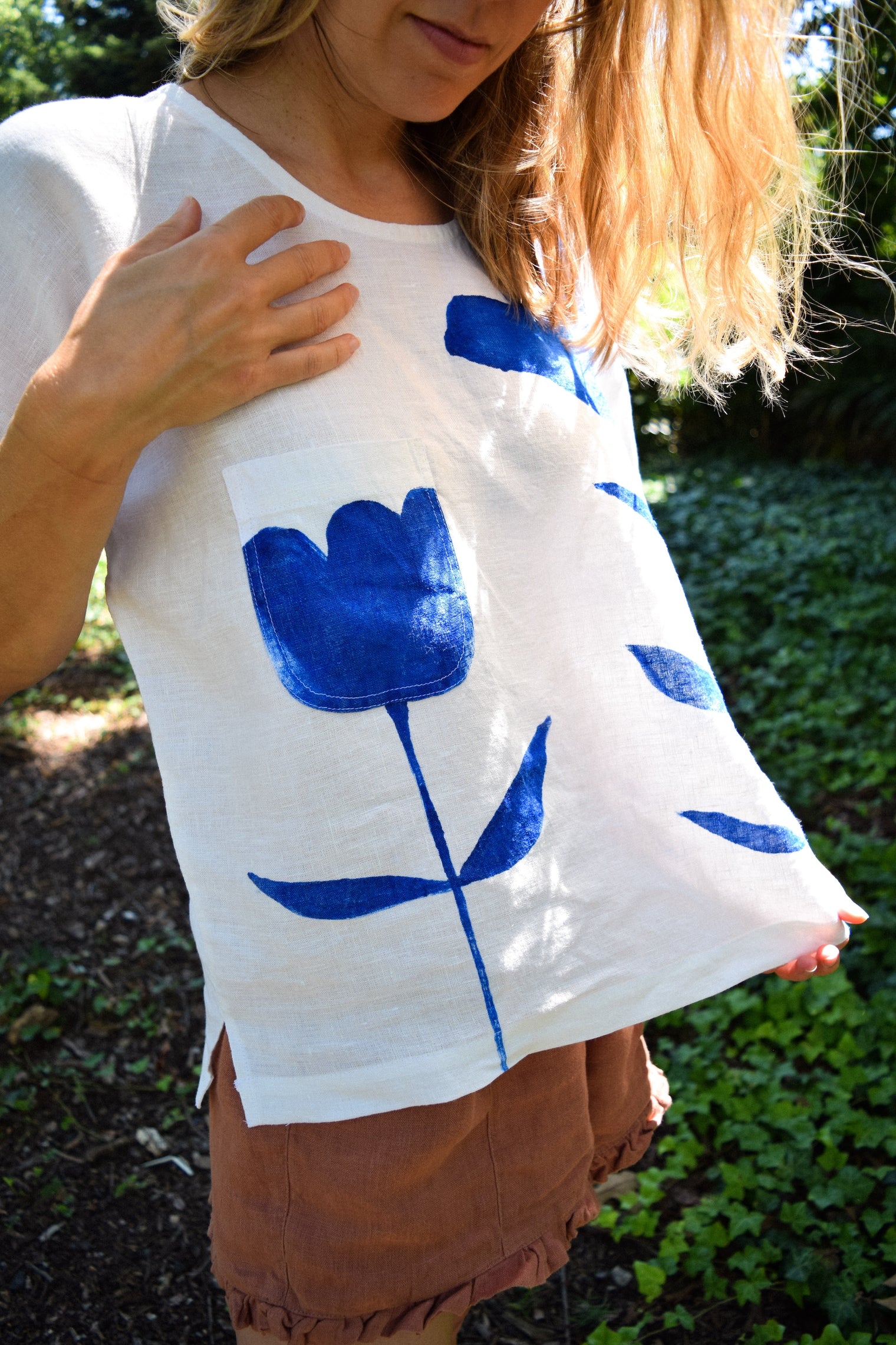 Pocket Tee - Limited Edition "Cobalt Flowers" on Linen